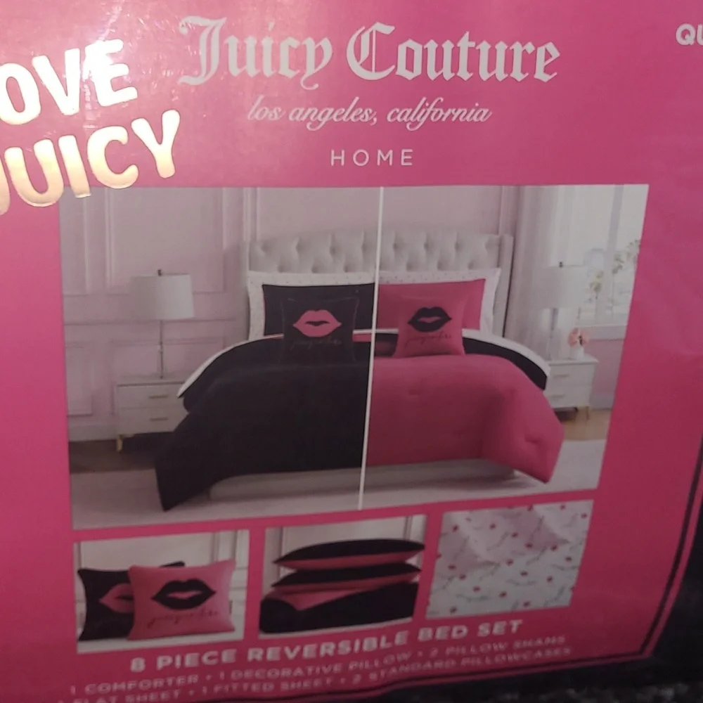 Juicy Couture Pink and Black Reversible Comforter Set - Queen
